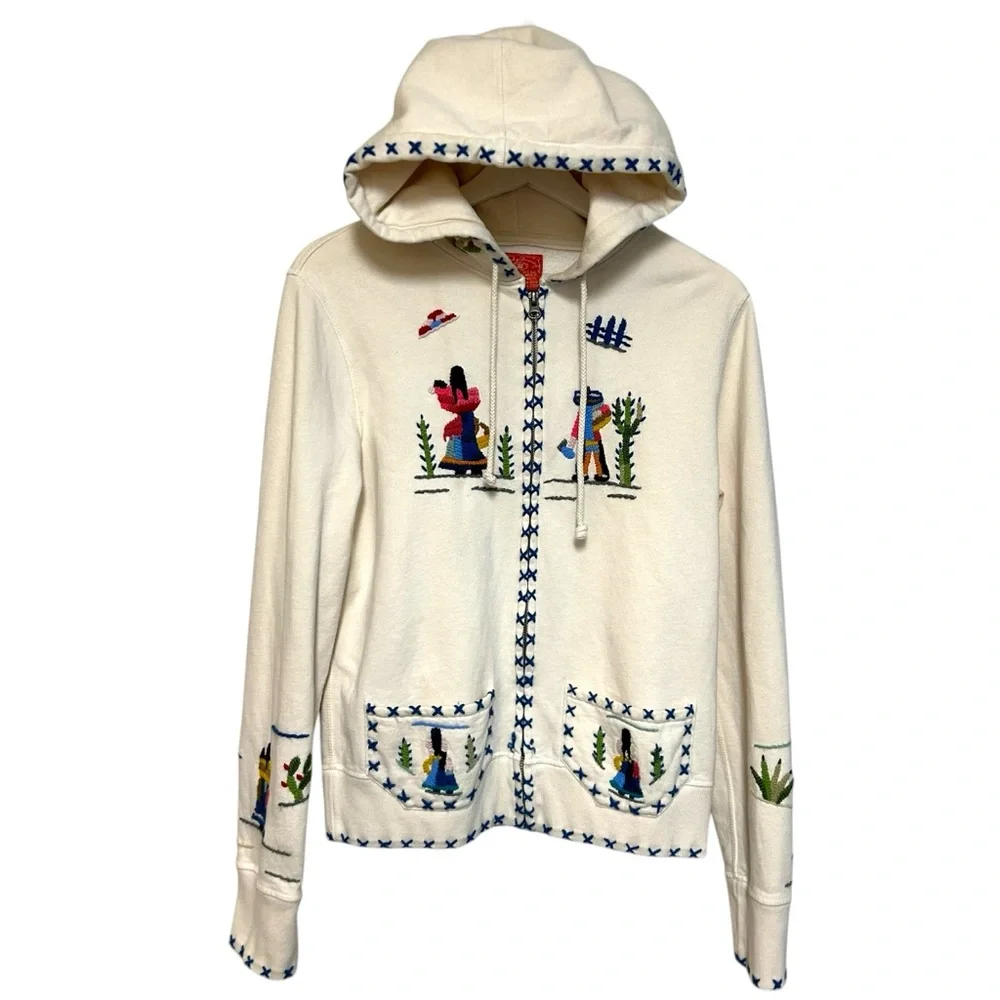 Lucky brand L sweatshirt zip up hoodie embroidery Mexican scene boho Y2K vintage
